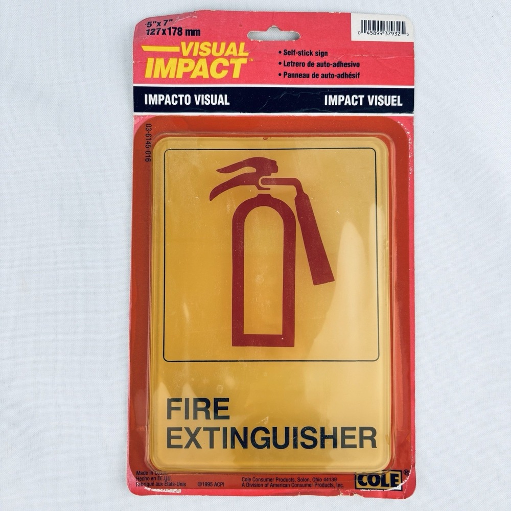 Vintage Cole Self-Stick Fire Extinguisher Sign - Impact Visual Visuel - NOS 1995
